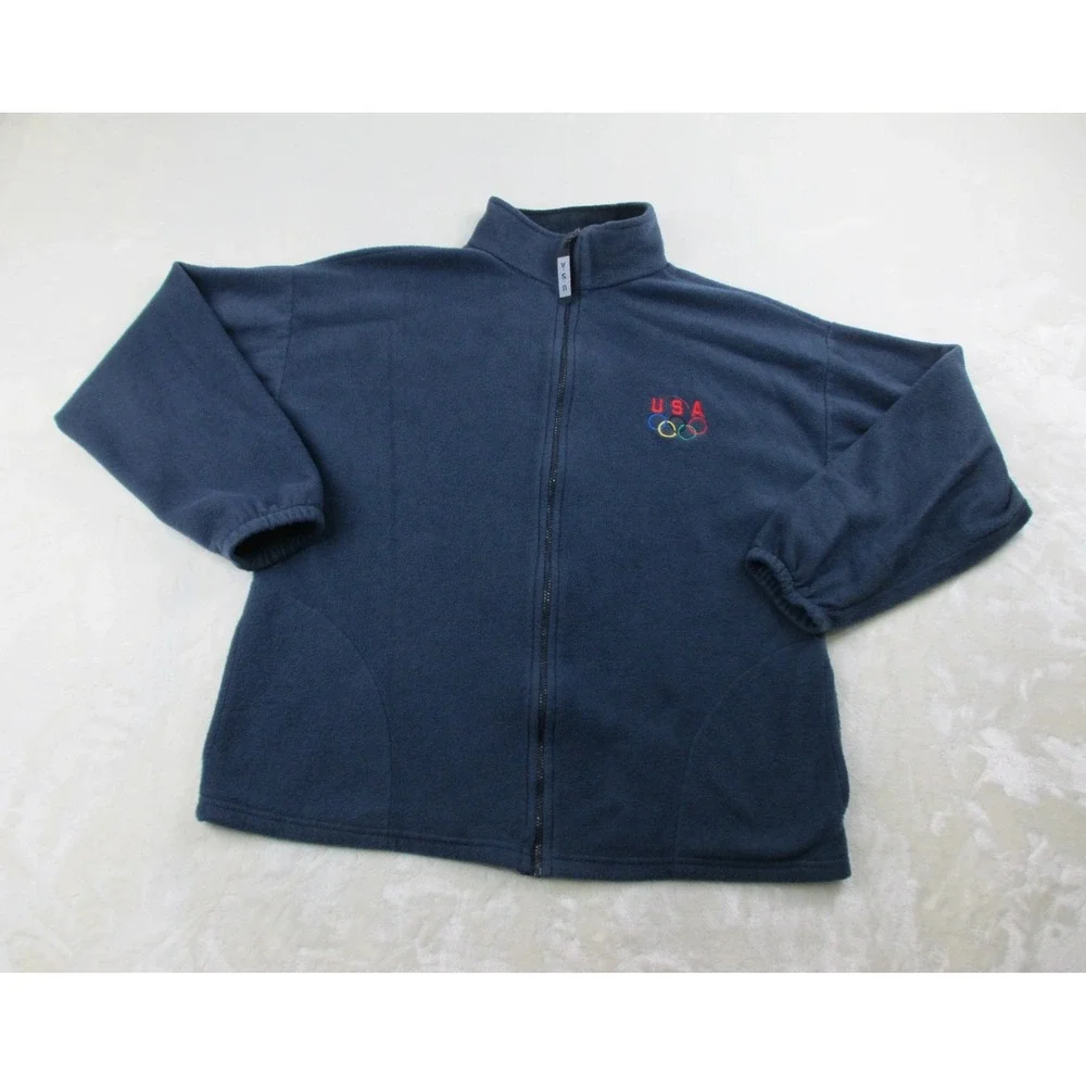 VINTAGE Olympics Sweater Mens 2XL XXL Blue Fleece Full Zip USA 90s*